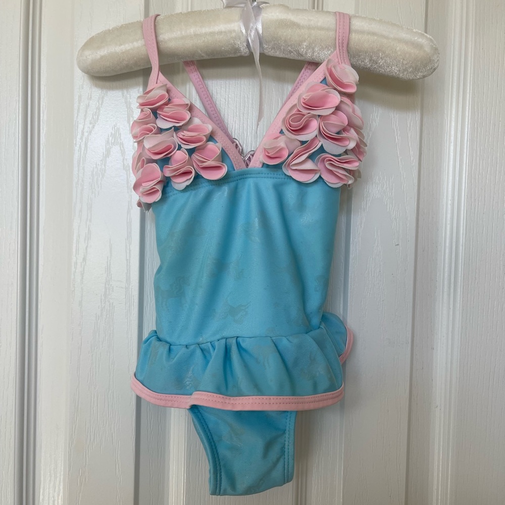 Floatimini Baby Girl Blue Unicorn Print and Pink 3D Flowers at Chest Swimsuit